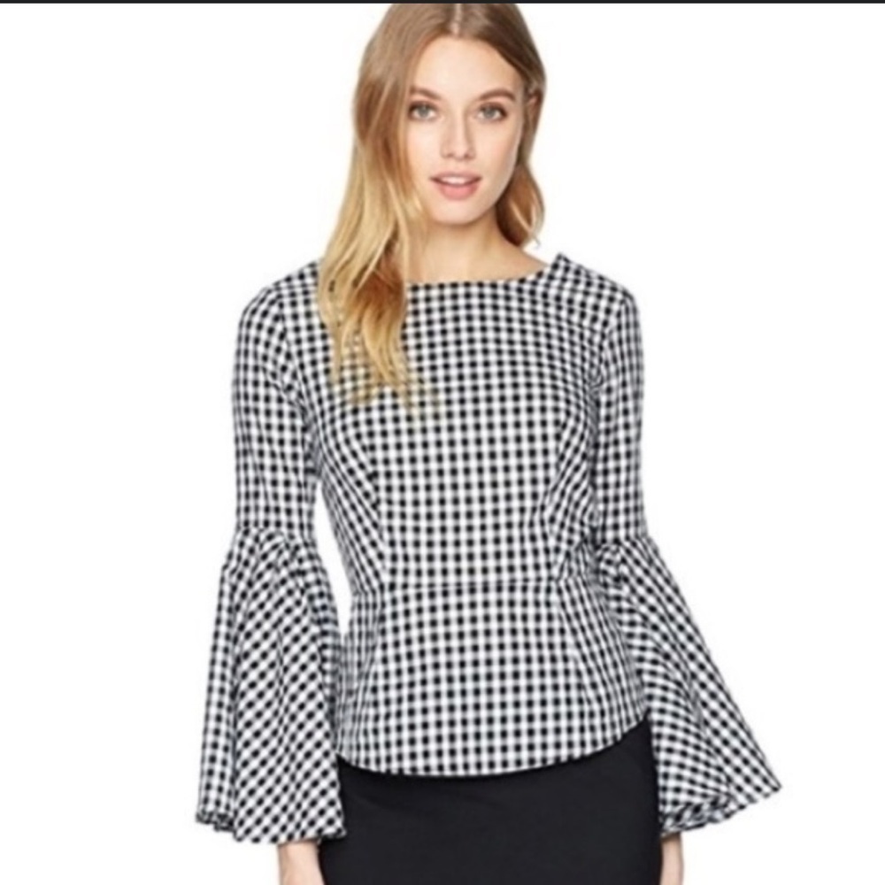 Anthro Nanette Lepore Black/White Checker Bell Sleeve Cotton Peasant Top (M)